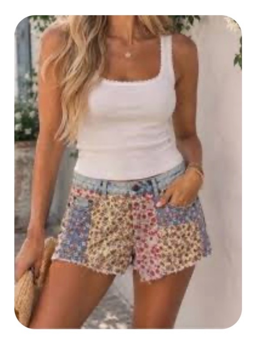 FARM Rio / Anthropologie Floral Patchwork Denim Shorts in Yellow and Blue